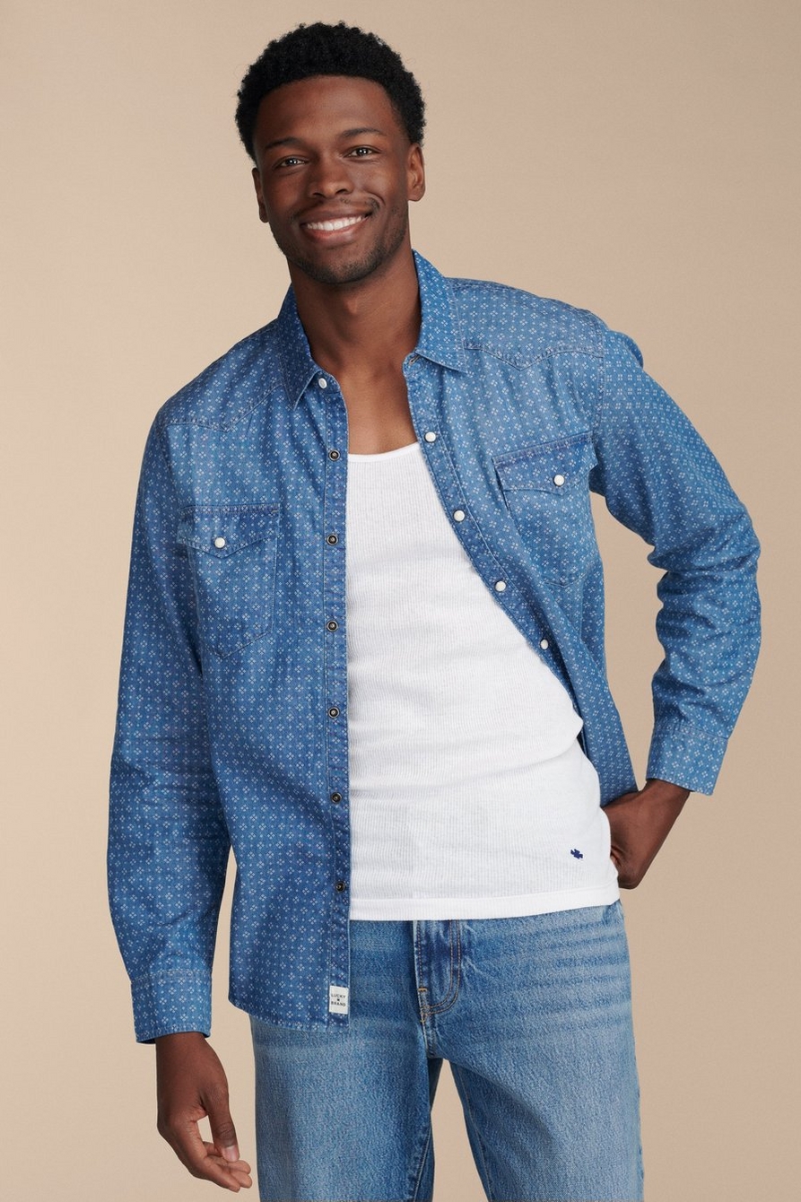 printed indigo western long sleeve shirt